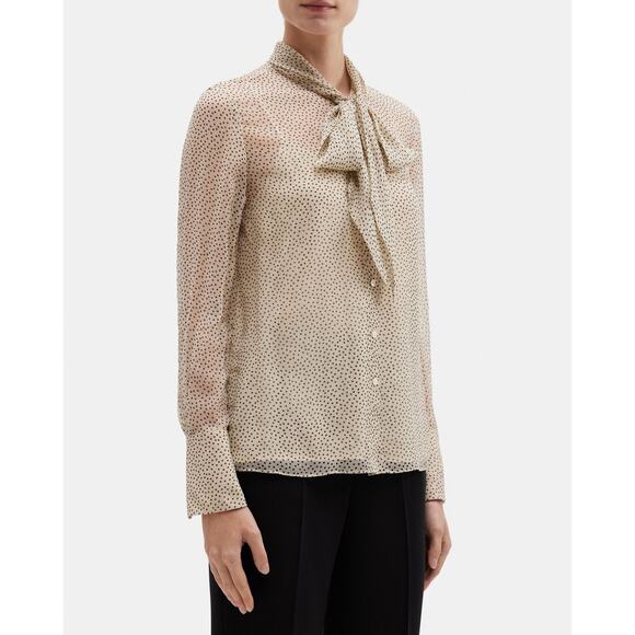 Theory Scarf Blouse In Polka Dot Silk Chiffon - S - Oatmeal Multi - Picture 3 of 6